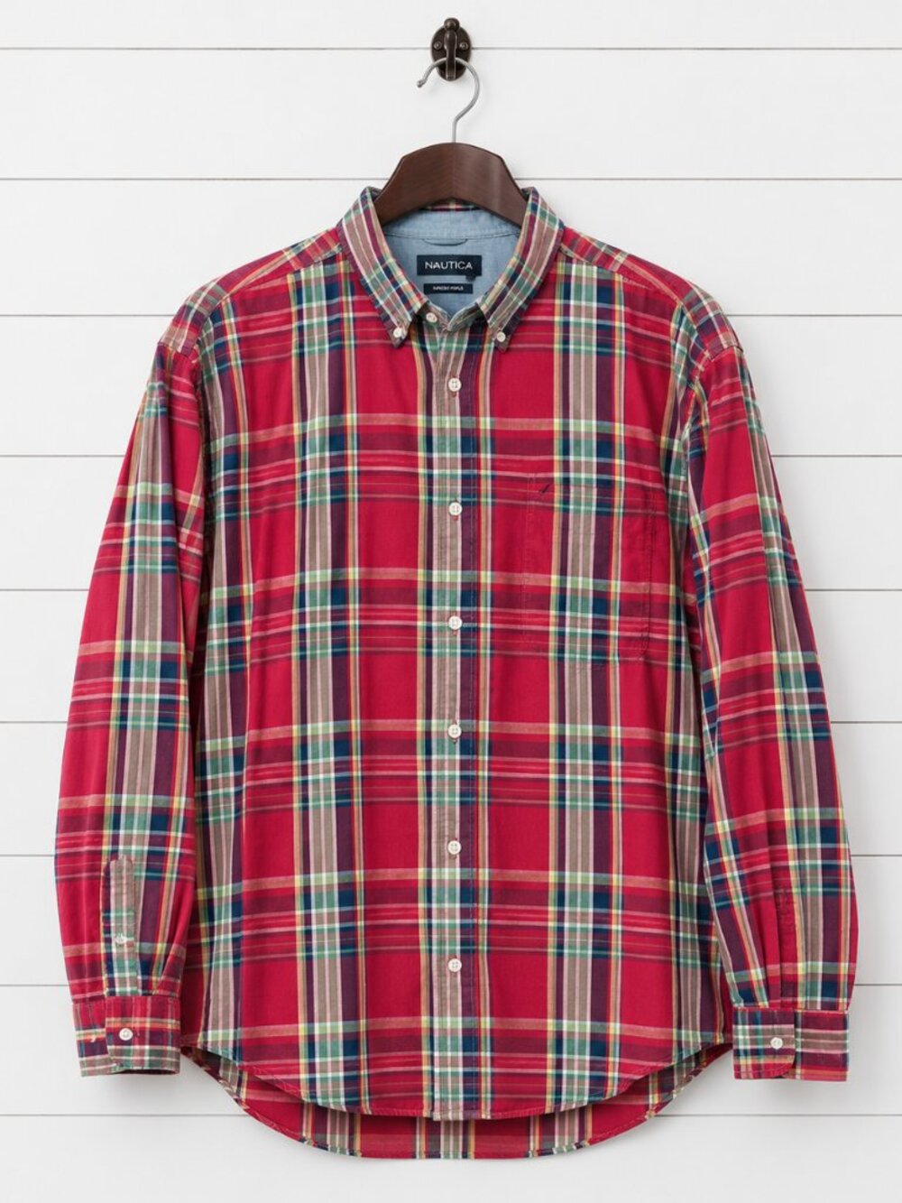 Nautica Sanded Poplin Shirt XL Red Plaid Button Down Cotton Preppy Classic